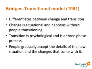 Bridges-Transitional model (1991)
• Differentiates between change and transition
• Change is situational and happens without
people transitioning
• Transition is psychological and is a three phase
process
• People gradually accept the details of the new
situation and the changes that come with it.
 