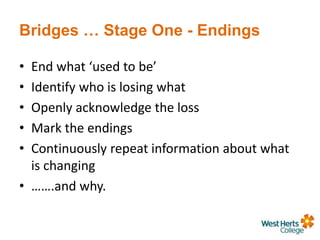 Bridges … Stage One - Endings
• End what ‘used to be’
• Identify who is losing what
• Openly acknowledge the loss
• Mark the endings
• Continuously repeat information about what
is changing
• …….and why.
 