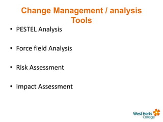 Change Management / analysis
Tools
• PESTEL Analysis
• Force field Analysis
• Risk Assessment
• Impact Assessment
 