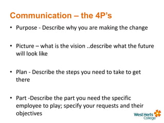Communication – the 4P’s
• Purpose - Describe why you are making the change
• Picture – what is the vision ..describe what the future
will look like
• Plan - Describe the steps you need to take to get
there
• Part -Describe the part you need the specific
employee to play; specify your requests and their
objectives
 