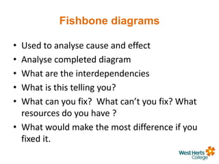 Fishbone diagrams
• Used to analyse cause and effect
• Analyse completed diagram
• What are the interdependencies
• What is this telling you?
• What can you fix? What can’t you fix? What
resources do you have ?
• What would make the most difference if you
fixed it.
 