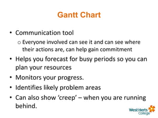 Gantt Chart
• Communication tool
o Everyone involved can see it and can see where
their actions are, can help gain commitment
• Helps you forecast for busy periods so you can
plan your resources
• Monitors your progress.
• Identifies likely problem areas
• Can also show ‘creep’ – when you are running
behind.
 