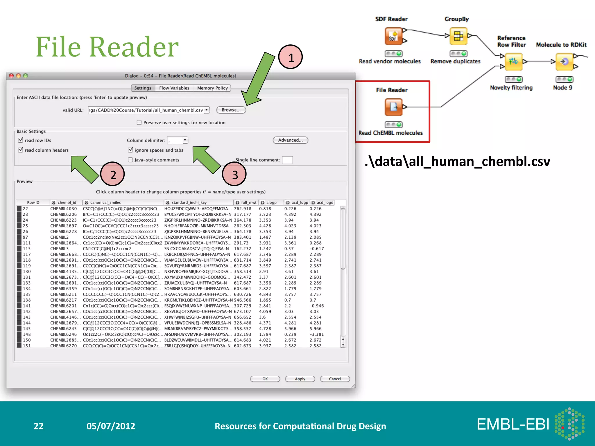 File	
  Reader	
                                 1




                                                                         .dataall_human_chembl.csv	
  
               2               3




22	
     05/07/2012	
     Resources	
  for	
  Computa5onal	
  Drug	
  Design	
  
 