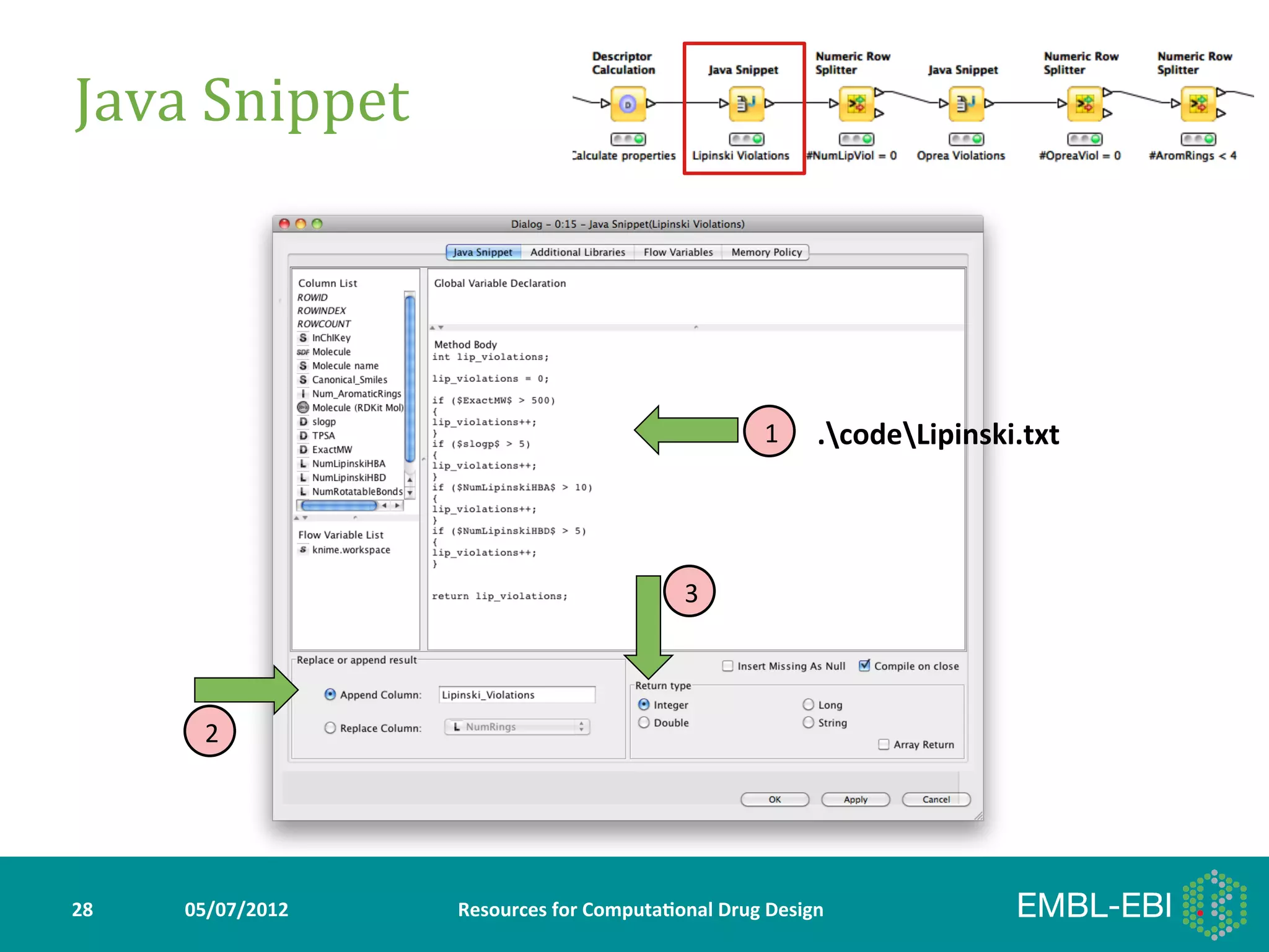 Java	
  Snippet	
  	
  




                                                                       1      .codeLipinski.txt	
  



                                                           3



           2




28	
     05/07/2012	
     Resources	
  for	
  Computa5onal	
  Drug	
  Design	
  
 