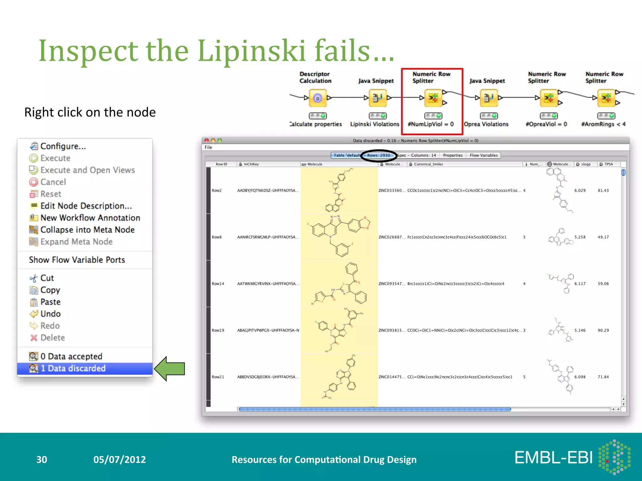 Inspect	
  the	
  Lipinski	
  fails…	
  	
  
Right	
  click	
  on	
  the	
  node	
  




   30	
             05/07/2012	
          Resources	
  for	
  Computa5onal	
  Drug	
  Design	
  
 