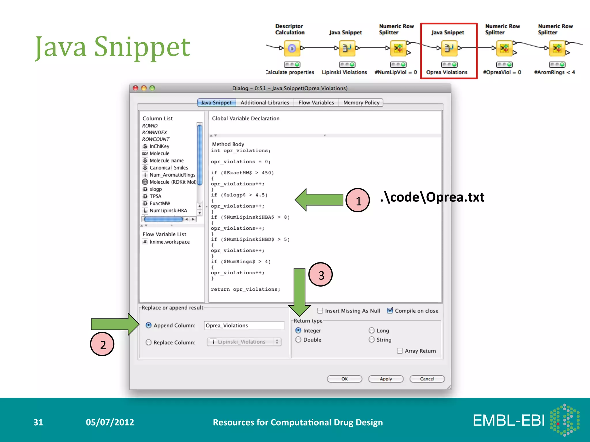 Java	
  Snippet	
  




                                                                       1      .codeOprea.txt	
  




                                                           3




            2




31	
     05/07/2012	
     Resources	
  for	
  Computa5onal	
  Drug	
  Design	
  
 