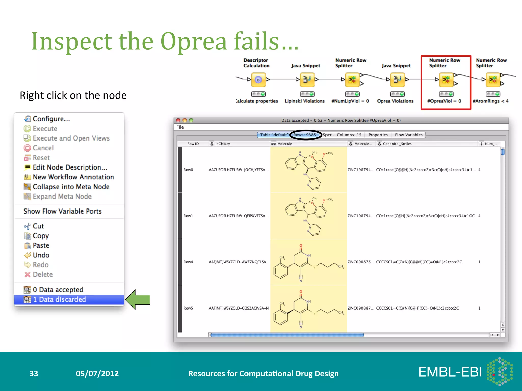 Inspect	
  the	
  Oprea	
  fails…	
  	
  
Right	
  click	
  on	
  the	
  node	
  




   33	
             05/07/2012	
          Resources	
  for	
  Computa5onal	
  Drug	
  Design	
  
 