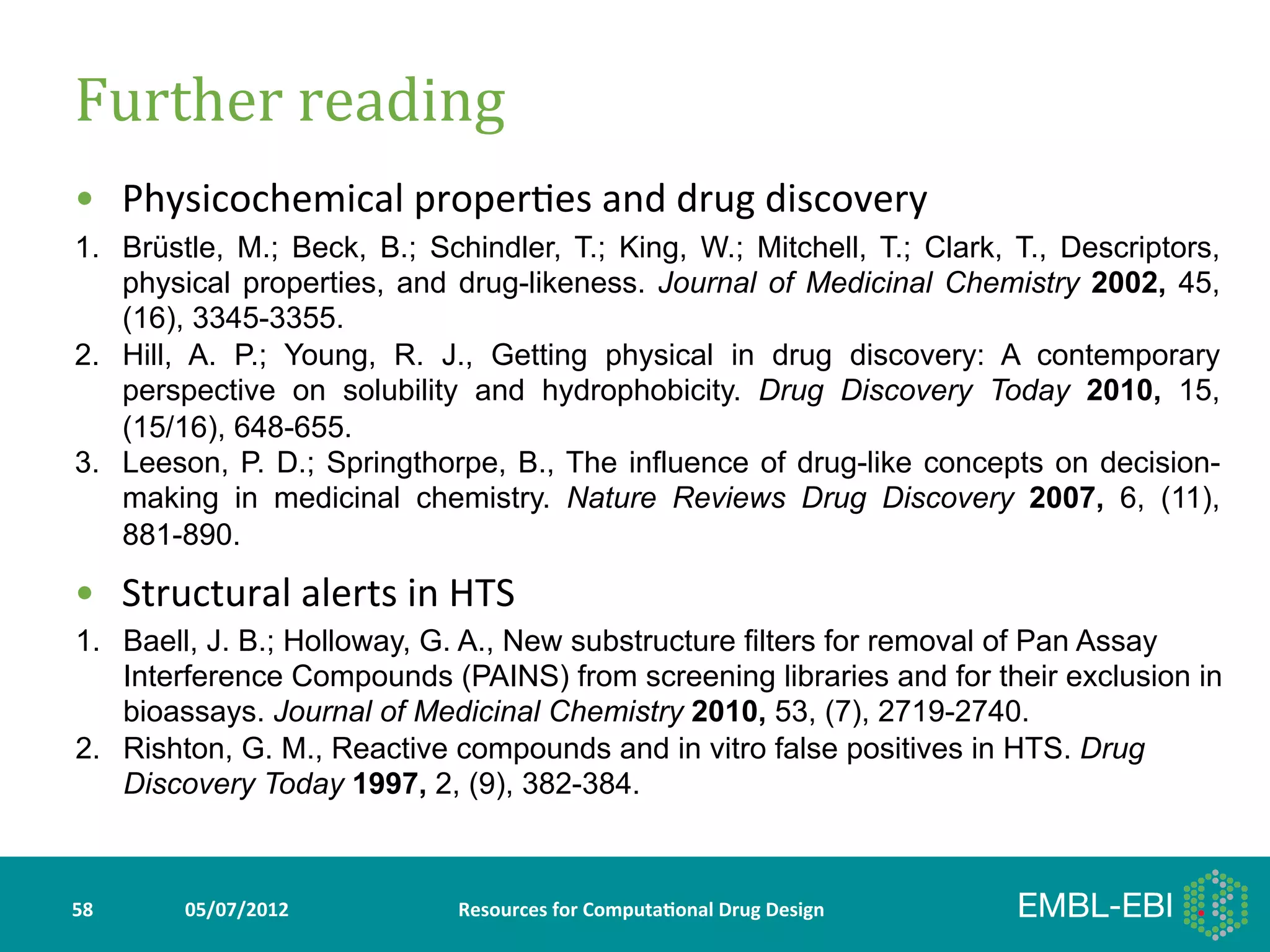 Further	
  reading	
  
•  Physicochemical	
  proper>es	
  and	
  drug	
  discovery	
  
1.  Brüstle, M.; Beck, B.; Schindler, T.; King, W.; Mitchell, T.; Clark, T., Descriptors,
    physical properties, and drug-likeness. Journal of Medicinal Chemistry 2002, 45,
    (16), 3345-3355.
2.  Hill, A. P.; Young, R. J., Getting physical in drug discovery: A contemporary
    perspective on solubility and hydrophobicity. Drug Discovery Today 2010, 15,
    (15/16), 648-655.
3.  Leeson, P. D.; Springthorpe, B., The influence of drug-like concepts on decision-
    making in medicinal chemistry. Nature Reviews Drug Discovery 2007, 6, (11),
    881-890.

•  Structural	
  alerts	
  in	
  HTS	
  
1.  Baell, J. B.; Holloway, G. A., New substructure filters for removal of Pan Assay
    Interference Compounds (PAINS) from screening libraries and for their exclusion in
    bioassays. Journal of Medicinal Chemistry 2010, 53, (7), 2719-2740.
2.  Rishton, G. M., Reactive compounds and in vitro false positives in HTS. Drug
    Discovery Today 1997, 2, (9), 382-384.



58	
     05/07/2012	
             Resources	
  for	
  Computa5onal	
  Drug	
  Design	
  
 