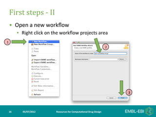 First	
  steps	
  -­‐	
  II	
  
    •  Open	
  a	
  new	
  workﬂow	
  
             •  Right	
  click	
  on	
  the	
  workﬂow	
  projects	
  area	
  
1
                                                                                                 2




                                                                                                     3




    16	
         05/07/2012	
           Resources	
  for	
  Computa5onal	
  Drug	
  Design	
  
 