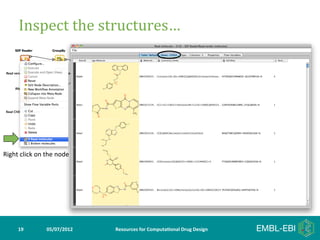 Inspect	
  the	
  structures…	
  




Right	
  click	
  on	
  the	
  node	
  




        19	
             05/07/2012	
     Resources	
  for	
  Computa5onal	
  Drug	
  Design	
  
 