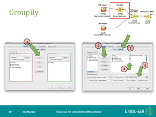 GroupBy	
  


            1
                                                                           3
                                                                                       2



                                                                                           5
                                                                                   4




20	
     05/07/2012	
     Resources	
  for	
  Computa5onal	
  Drug	
  Design	
  
 
