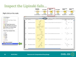 Inspect	
  the	
  Lipinski	
  fails…	
  	
  
Right	
  click	
  on	
  the	
  node	
  




   30	
             05/07/2012	
          Resources	
  for	
  Computa5onal	
  Drug	
  Design	
  
 