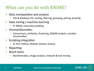 What	
  can	
  you	
  do	
  with	
  KNIME?	
  
•  Data	
  manipula>on	
  and	
  analysis	
  
        •  File	
  &	
  database	
  I/O,	
  sor>ng,	
  ﬁltering,	
  grouping,	
  joining,	
  pivo>ng	
  
•  Data	
  mining	
  /	
  machine	
  learning	
  
        •  R,	
  WEKA,	
  interac>ve	
  plofng	
  
•  Chemoinforma>cs	
  
        •  Conversions,	
  similarity,	
  clustering,	
  (Q)SAR	
  analysis,	
  reac>on	
  
           enumera>on	
  
•  Scrip>ng	
  integra>on	
  
        •  R,	
  Perl,	
  Python,	
  Matlab,	
  Octave,	
  Groovy	
  
•  Repor>ng	
  
•  Much	
  more	
  
        •  Bioinforma>cs,	
  image	
  analysis,	
  network	
  &	
  text	
  mining	
  



5	
         05/07/2012	
                Resources	
  for	
  Computa5onal	
  Drug	
  Design	
  
 
