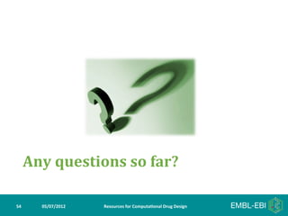 Any	
  questions	
  so	
  far?	
  

54	
         05/07/2012	
     Resources	
  for	
  Computa5onal	
  Drug	
  Design	
  
 