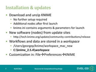 Installation	
  &	
  updates	
  
•  Download	
  and	
  unzip	
  KNIME	
  
        •  No	
  further	
  setup	
  required	
  
        •  Addi>onal	
  nodes	
  aker	
  ﬁrst	
  launch	
  
        •  knime.ini	
  contains	
  arguments	
  &	
  parameters	
  for	
  launch	
  
•  New	
  sokware	
  (nodes)	
  from	
  update	
  sites	
  
        •  hYp://tech.knime.org/update/community-­‐contribu>ons/release	
  
•  Workﬂows	
  and	
  data	
  are	
  stored	
  in	
  a	
  workspace	
  
        •  /Users/georgep/knime/workspace_mac_new	
  
        •  C:knime_2.5.4workspace	
  
•  Customiza>on	
  in:	
  FileàPreferencesàKNIME	
  


7	
        05/07/2012	
         Resources	
  for	
  Computa5onal	
  Drug	
  Design	
  
 