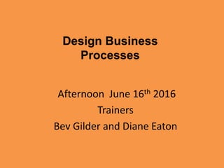 Design Business
Processes
Afternoon June 16th 2016
Trainers
Bev Gilder and Diane Eaton
 