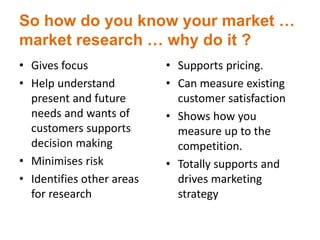 So how do you know your market …
market research … why do it ?
• Gives focus
• Help understand
present and future
needs and wants of
customers supports
decision making
• Minimises risk
• Identifies other areas
for research
• Supports pricing.
• Can measure existing
customer satisfaction
• Shows how you
measure up to the
competition.
• Totally supports and
drives marketing
strategy
 