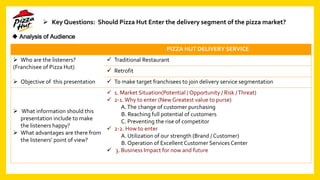  Key Questions: Should Pizza Hut Enter the delivery segment of the pizza market?
PIZZA HUT DELIVERY SERVICE
 Who are the listeners?
(Franchisee of Pizza Hut)
 Traditional Restaurant
 Retrofit
 Objective of this presentation  To make target franchisees to join delivery service segmentation
 What information should this
presentation include to make
the listeners happy?
 What advantages are there from
the listeners’ point of view?
 1. Market Situation(Potential / Opportunity / Risk /Threat)
 2-1. Why to enter (New Greatest value to purse)
A.The change of customer purchasing
B. Reaching full potential of customers
C. Preventing the rise of competitor
 2-2. How to enter
A. Utilization of our strength (Brand / Customer)
B. Operation of Excellent Customer Services Center
 3. Business Impact for now and future
 Analysis of Audience
 