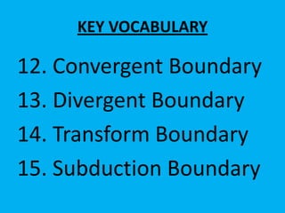 KEY VOCABULARY

12. Convergent Boundary
13. Divergent Boundary
14. Transform Boundary
15. Subduction Boundary
 