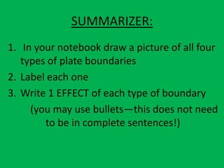 SUMMARIZER:
1. In your notebook draw a picture of all four
   types of plate boundaries
2. Label each one
3. Write 1 EFFECT of each type of boundary
     (you may use bullets—this does not need
        to be in complete sentences!)
 