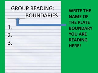 GROUP READING:    WRITE THE
______BOUNDARIES   NAME OF
                   THE PLATE
1.                 BOUNDARY
2.                 YOU ARE
                   READING
3.                 HERE!
 