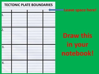 TECTONIC PLATE BOUNDARIES
                                 Leave space here!
1.



2.

                                 Draw this
3.                                in your
                                 notebook!
4.
 