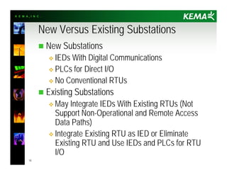 K E M A , I N C .
12
New Versus Existing Substations
n New Substations
v IEDs With Digital Communications
v PLCs for Direct I/O
v No Conventional RTUs
n Existing Substations
v May Integrate IEDs With Existing RTUs (Not
Support Non-Operational and Remote Access
Data Paths)
v Integrate Existing RTU as IED or Eliminate
Existing RTU and Use IEDs and PLCs for RTU
I/O
 