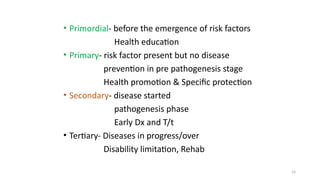 19
• Primordial- before the emergence of risk factors
Health education
• Primary- risk factor present but no disease
prevention in pre pathogenesis stage
Health promotion & Specific protection
• Secondary- disease started
pathogenesis phase
Early Dx and T/t
• Tertiary- Diseases in progress/over
Disability limitation, Rehab
 
