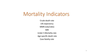 24
Mortality Indicators
Crude death rate
Life expectancy
MMR (rate/ratio)
IMR
Under 5 Mortality rate
Age-specific death rate
Case fatality rate
 