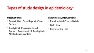 35
Types of study design in epidemiology:
Observational:
• Descriptive: Case Report, Case
Series,
• Analytical: Cross-sectional,
Cohort, Case-control, Ecological,
Nested case-control
Experimental/interventional
• Randomized Control trials
• Field trial
• Community trial
 