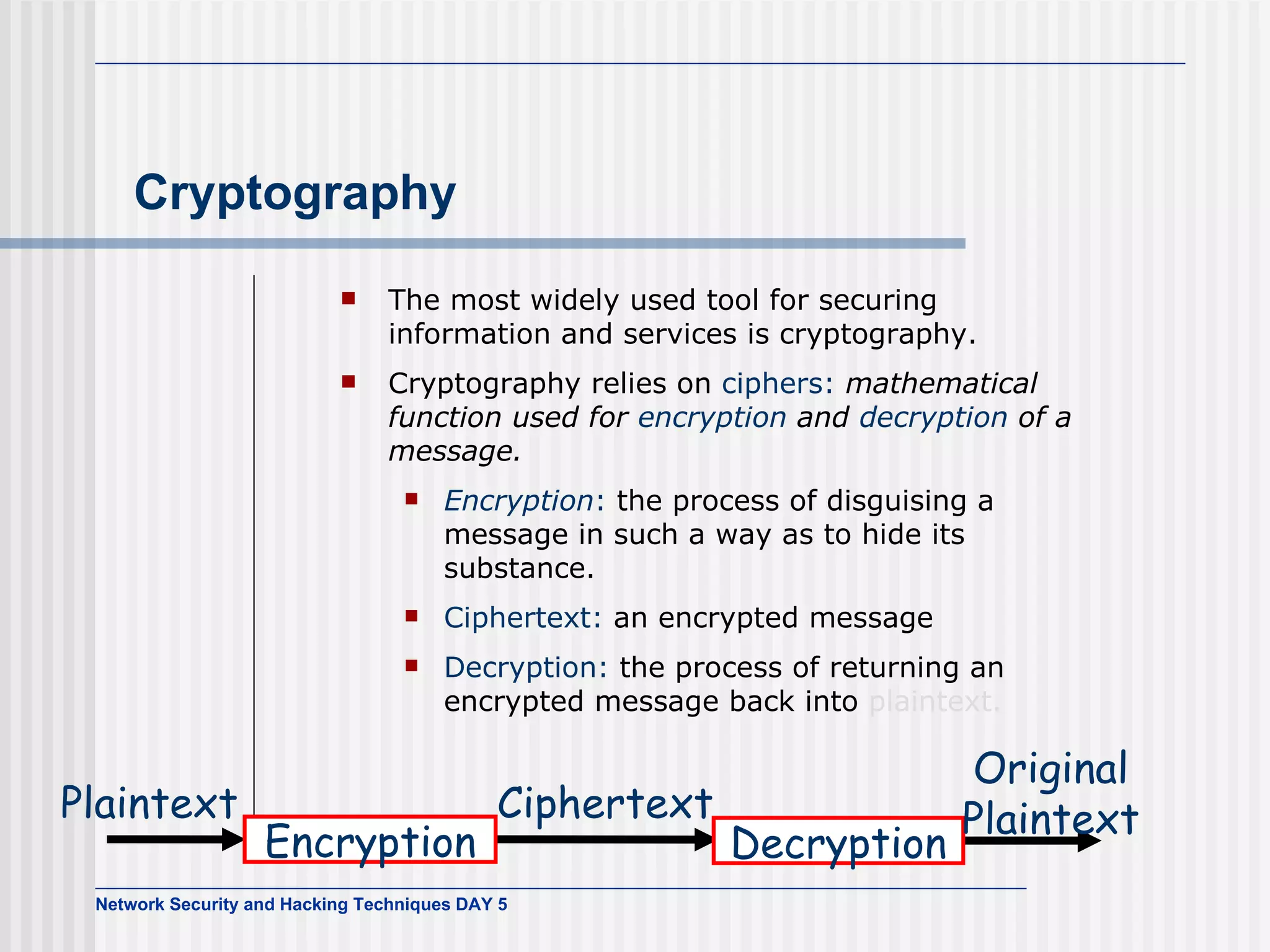 Cryptography The most widely used tool for securing information and services is cryptography. Cryptography relies on  ciphers:   mathematical function used for  encryption  and  decryption  of a message. Encryption :  the process of disguising a message in such a way as to hide its substance.  Ciphertext:  an encrypted message Decryption:  the process of returning an encrypted message back into  plaintext. Encryption Decryption Plaintext Ciphertext Original Plaintext 
