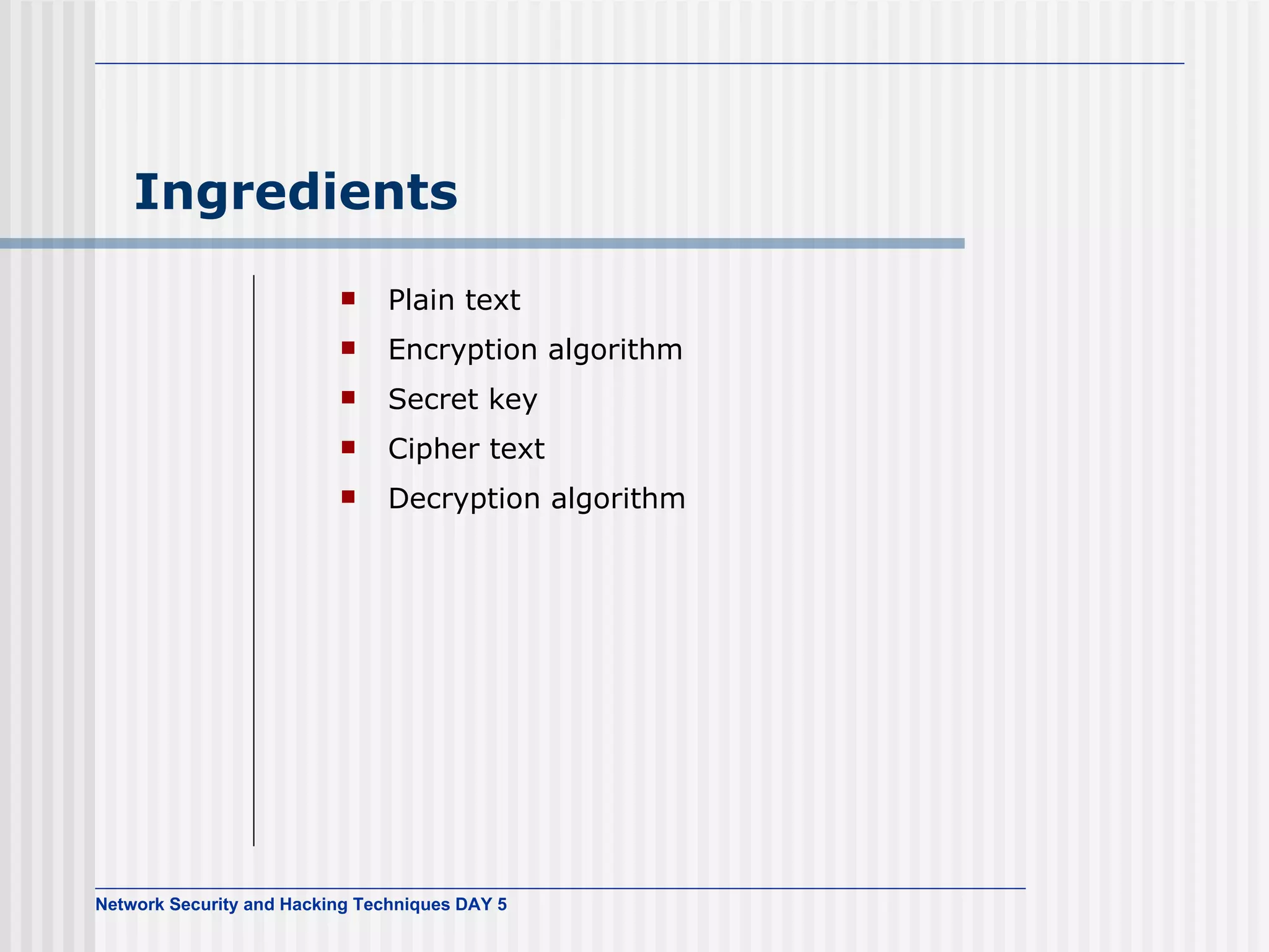 Ingredients Plain text Encryption algorithm Secret key Cipher text Decryption algorithm 