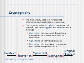 Cryptography The most widely used tool for securing information and services is cryptography. Cryptography relies on  ciphers:   mathematical function used for  encryption  and  decryption  of a message. Encryption :  the process of disguising a message in such a way as to hide its substance.  Ciphertext:  an encrypted message Decryption:  the process of returning an encrypted message back into  plaintext. Encryption Decryption Plaintext Ciphertext Original Plaintext 