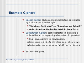 Example Ciphers Caesar cipher:  each plaintext characters is replaced by a character  k  to the right. “ Watch out for Brutus!” => “Jngpu bhg sbe Oehghf!” Only 25 choices! Not hard to break by brute force . Substitution Cipher : each character in plaintext is replaced by a corresponding character of ciphertext. E.g., cryptograms in newspapers. plaintext  code:  a b c d e f g h i j k l m n o p q r s t u v w x y z  ciphertext code:  m n b v c x z a s d f g h j k l p o i u y t r e w q   26! Possible pairs.  