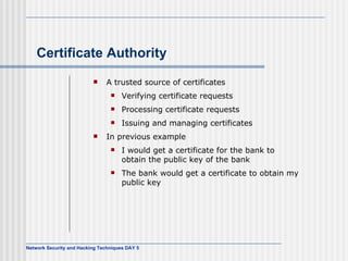 Certificate Authority A trusted source of certificates Verifying certificate requests Processing certificate requests Issuing and managing certificates In previous example I would get a certificate for the bank to obtain the public key of the bank The bank would get a certificate to obtain my public key 