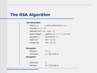 The RSA Algorithm   Key Generation   Select  p ,  q p  and  q  both prime,  p      q Calculate  n  =  p  ´  q Calculate f( n ) = ( p  – 1)( q  – 1) Select integer  e gcd(f( n ),  e ) = 1;  1 <  e  < f( n ) Calculate  d de  mod f( n ) = 1  Public key KU  = { e ,  n } Private key KR  = { d ,  n } Encryption Plaintext: M  <  n Ciphertext: C  =  Me  (mod  n ) Decryption Ciphertext: C Plaintext: M  =  Cd  (mod  n ) 