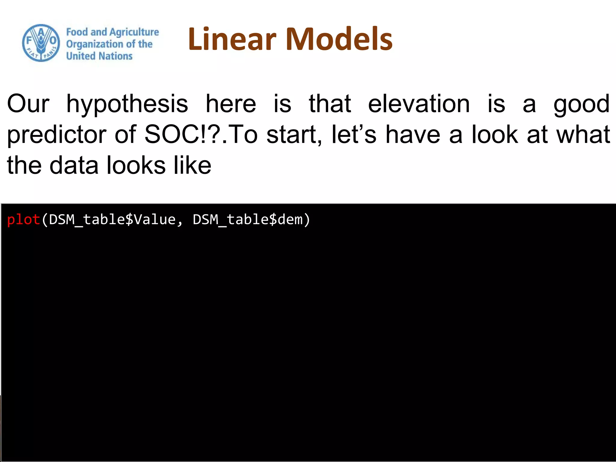 Our hypothesis here is that elevation is a good
predictor of SOC!?.To start, let’s have a look at what
the data looks like
plot(DSM_table$Value, DSM_table$dem)
 