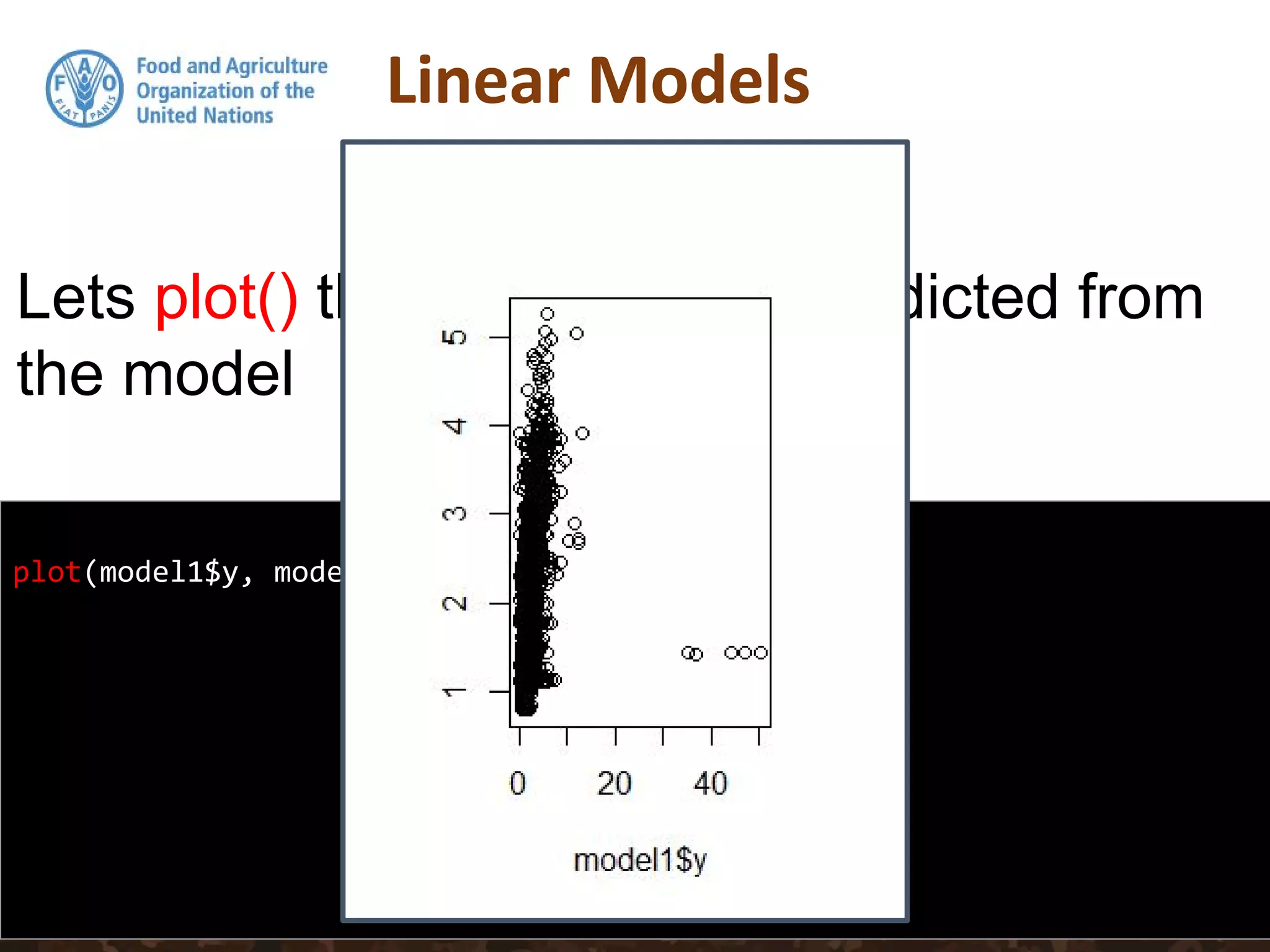 plot(model1$y, model1$fitted.values)
Lets plot() the observed vs. predicted from
the model
 