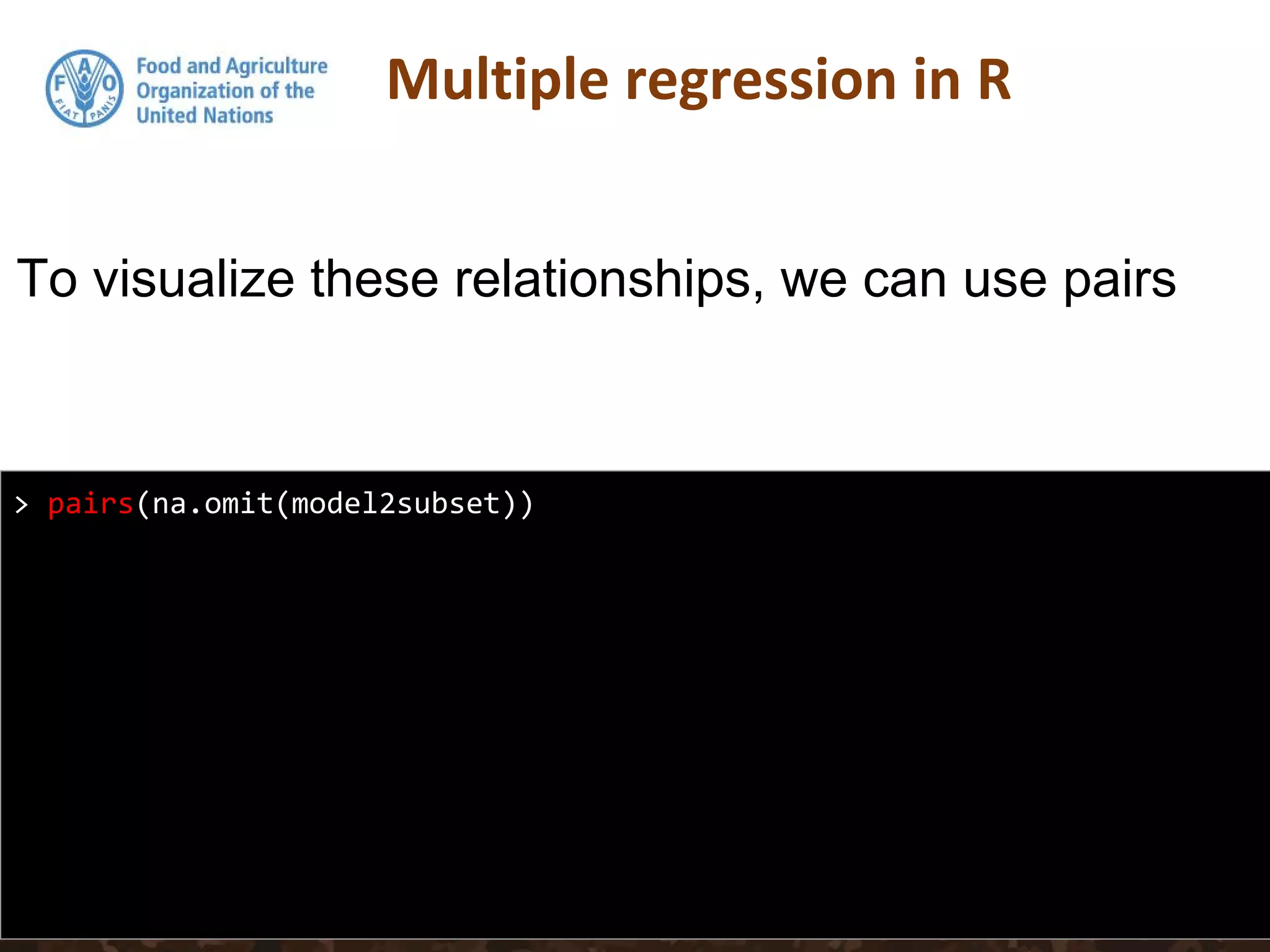 > pairs(na.omit(model2subset))
To visualize these relationships, we can use pairs
 