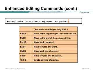 © 2002, Cisco Systems, Inc. All rights reserved. ICND v2.0—1-18
(Automatic scrolling of long lines.)
Ctrl-A Move to the beginning of the command line.
Ctrl-E Move to the end of the command line.
Esc-B Move back one word.
Esc-F Move forward one word.
Ctrl-B Move back one character.
Ctrl-F Move forward one character.
Ctrl-D Delete a single character.
Router>$ value for customers, employees, and partners.
Enhanced Editing Commands (cont.)
 