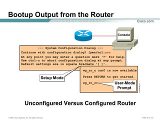 © 2002, Cisco Systems, Inc. All rights reserved. ICND v2.0—1-4
Unconfigured Versus Configured Router
Bootup Output from the Router
 