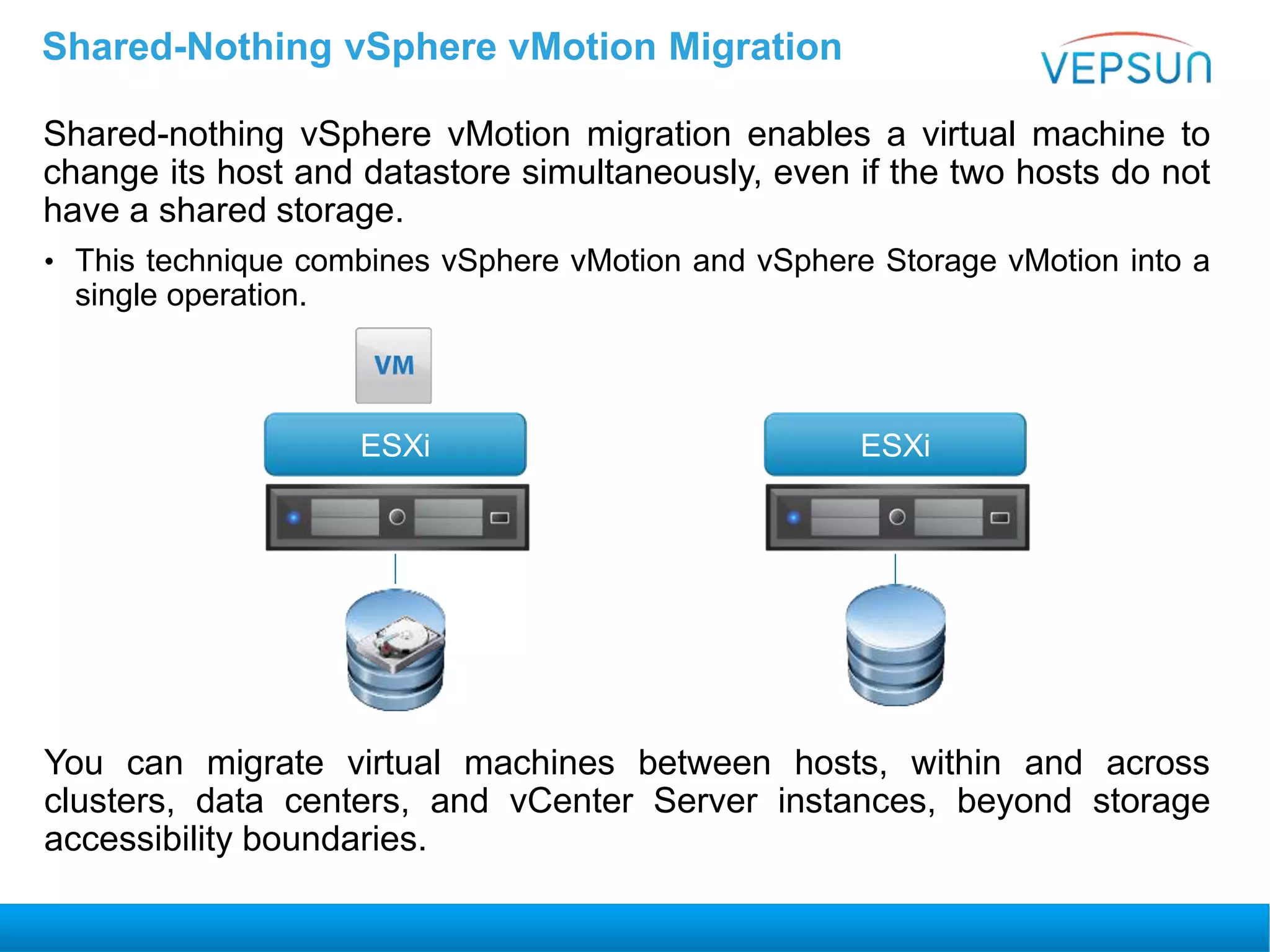 Shared-nothing vSphere vMotion migration enables a virtual machine to
change its host and datastore simultaneously, even if the two hosts do not
have a shared storage.
• This technique combines vSphere vMotion and vSphere Storage vMotion into a
single operation.
You can migrate virtual machines between hosts, within and across
clusters, data centers, and vCenter Server instances, beyond storage
accessibility boundaries.
Shared-Nothing vSphere vMotion Migration
ESXi ESXi
 