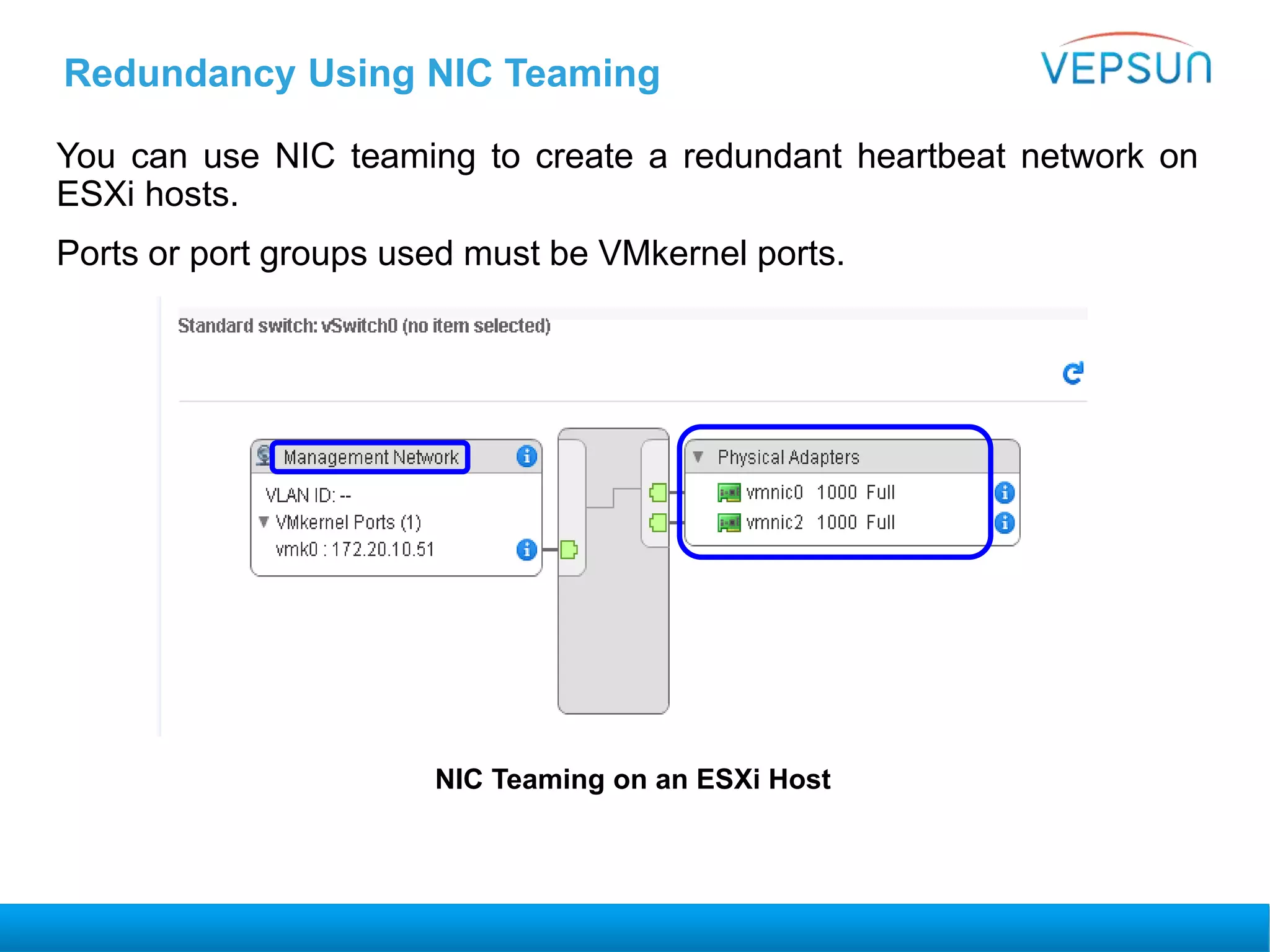 Redundancy Using NIC Teaming
You can use NIC teaming to create a redundant heartbeat network on
ESXi hosts.
Ports or port groups used must be VMkernel ports.
NIC Teaming on an ESXi Host
 