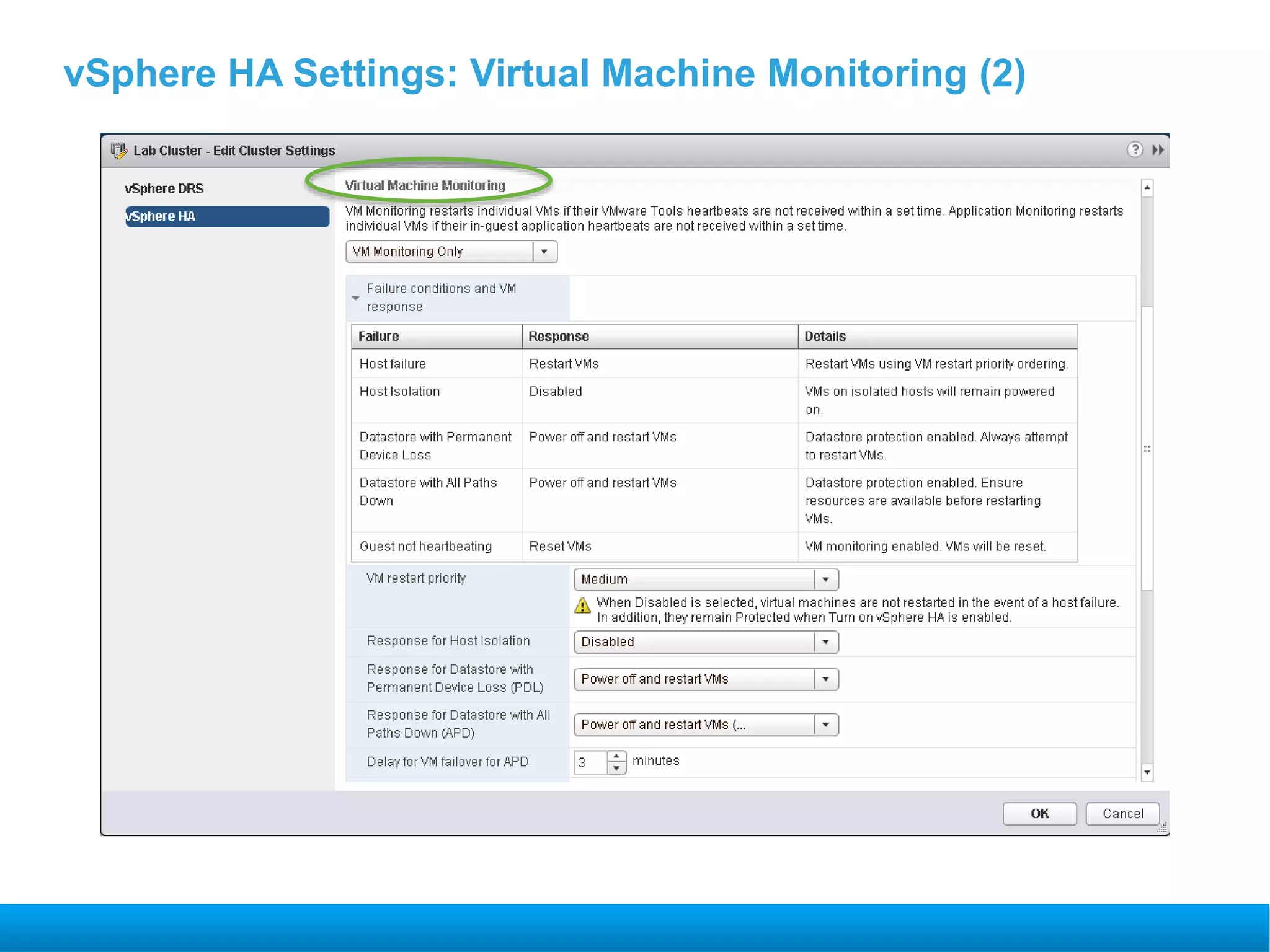 vSphere HA Settings: Virtual Machine Monitoring (2)
 