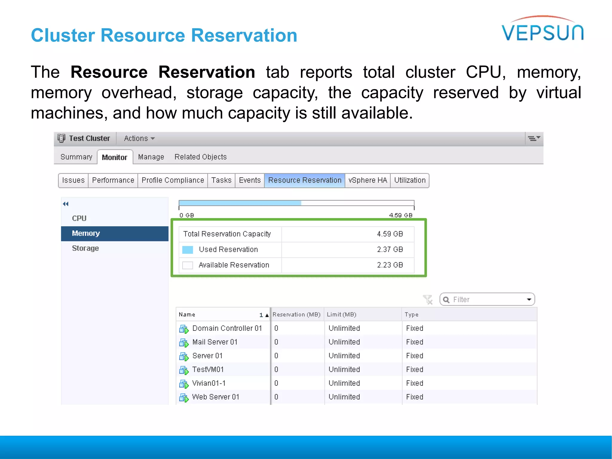 Cluster Resource Reservation
The Resource Reservation tab reports total cluster CPU, memory,
memory overhead, storage capacity, the capacity reserved by virtual
machines, and how much capacity is still available.
 