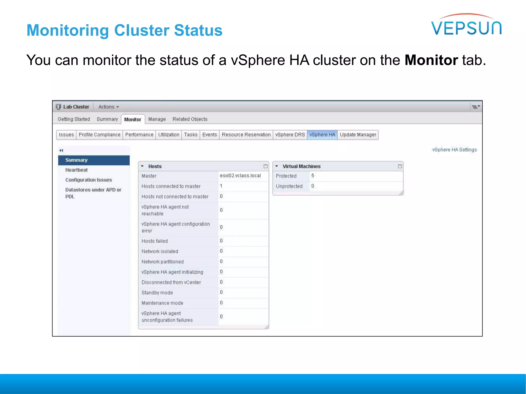Monitoring Cluster Status
You can monitor the status of a vSphere HA cluster on the Monitor tab.
 