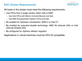 EVC Cluster Requirements
All hosts in the cluster must meet the following requirements:
• Use CPUs from a single vendor, either Intel or AMD:
– Use Intel CPUs with Merom microarchitecture and later.
– Use AMD first-generation Opteron CPUs and later.
• Be enabled for hardware virtualization: AMD-V or Intel VT
• Be enabled for execution-disable technology: AMD No eXecute (NX) or Intel
eXecute Disable (XD)
• Be configured for vSphere vMotion migration
Applications in virtual machines must be CPU ID compatible.
 