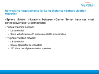 Networking Requirements for Long-Distance vSphere vMotion
Migration
vSphere vMotion migrations between vCenter Server instances must
connect over layer 3 connections:
• Virtual machine network:
– L2 connection
– Same virtual machine IP address available at destination
• vSphere vMotion network:
– L3 connection
– Secure (dedicated or encrypted)
– 250 Mbps per vSphere vMotion operation
 