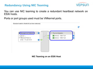 Redundancy Using NIC Teaming
You can use NIC teaming to create a redundant heartbeat network on
ESXi hosts.
Ports or port groups used must be VMkernel ports.
NIC Teaming on an ESXi Host
 