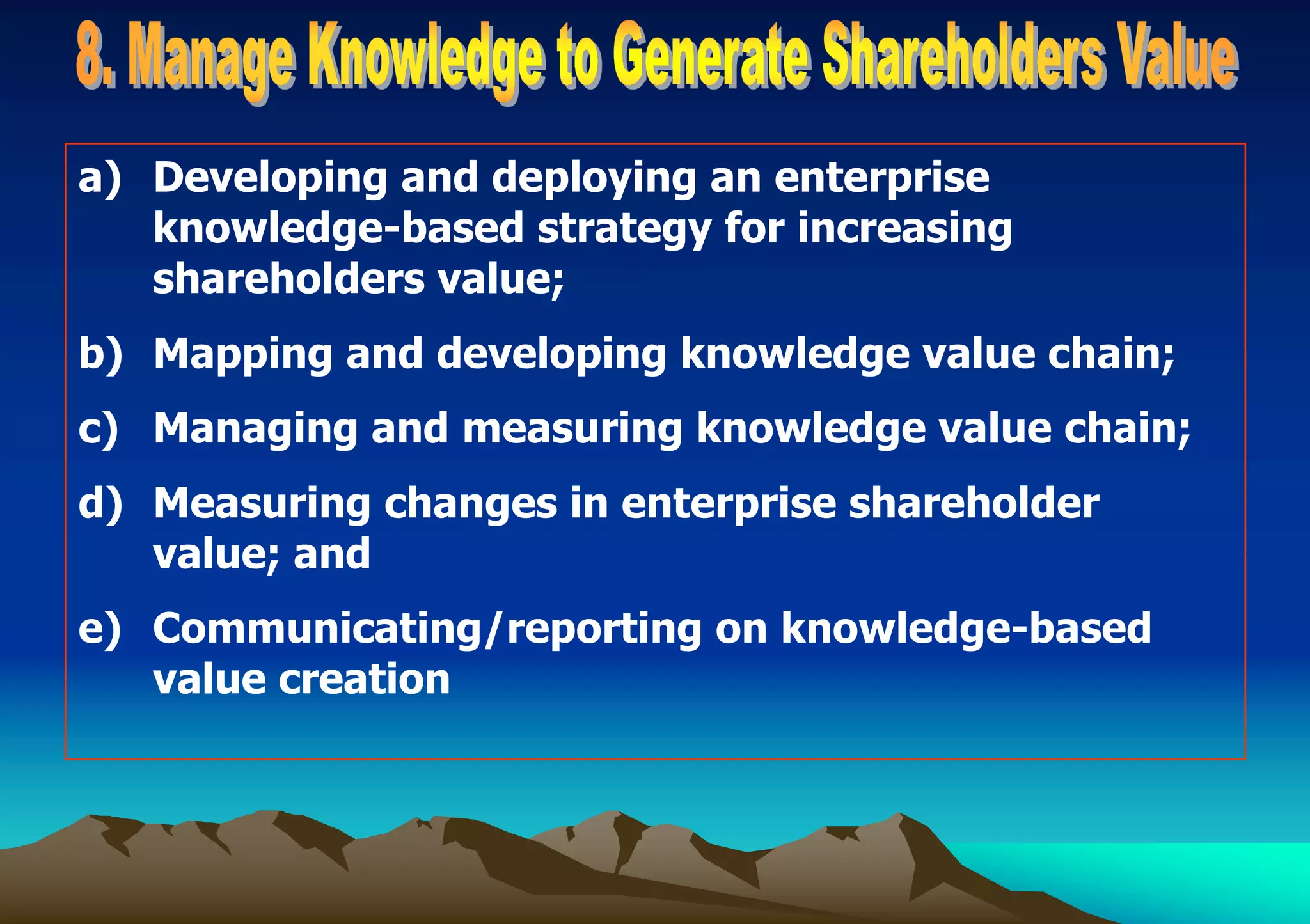 a) Developing and deploying an enterprise
knowledge-based strategy for increasing
shareholders value;
b) Mapping and developing knowledge value chain;
c) Managing and measuring knowledge value chain;
d) Measuring changes in enterprise shareholder
value; and
e) Communicating/reporting on knowledge-based
value creation
 